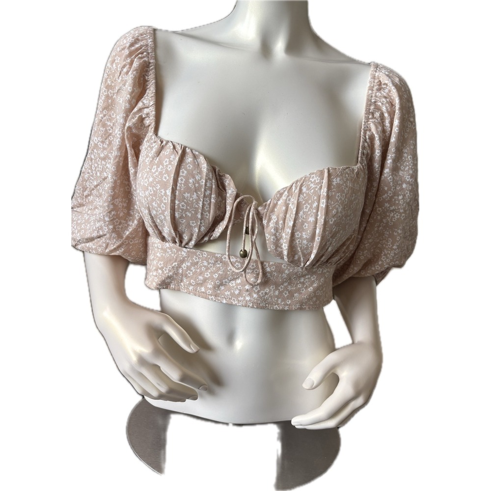 NWT Petal & Pup Floral Crop Top Puff Sleeve Tie Front Beige Women's Size L - Picture 2 of 13